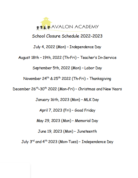 Holiday Schedule 2022-2023 | Avalon Academy